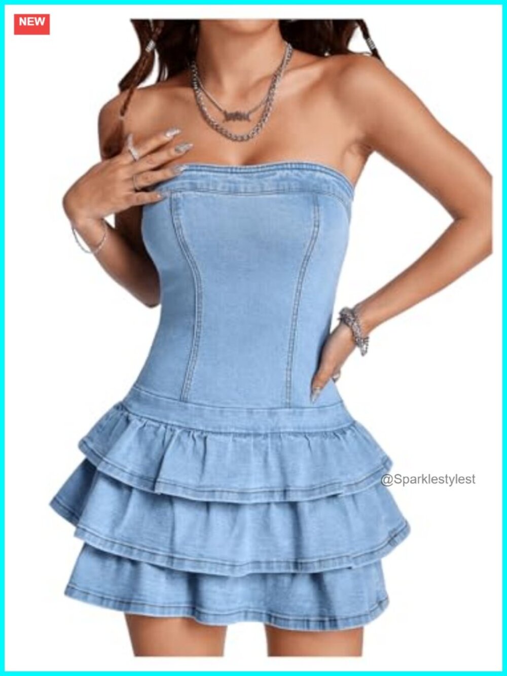 Strapless Layered Ruffle Denim Dress Bandeau Mini Dresses